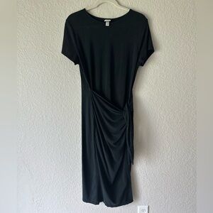 A New Day Black Midi Dress L – Short Sleeve Ruched Side Tie Bodycon my